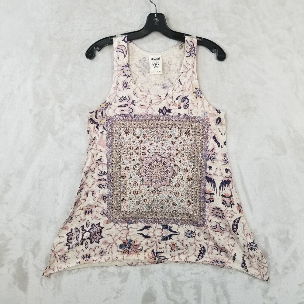 Vocal Tank Top Women M Floral Beaded Relaxed Hippie Summer Top Art Made in USA‎